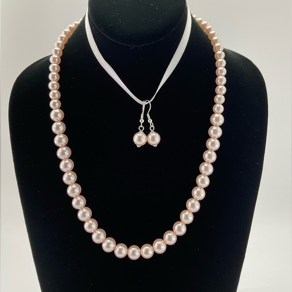 Light Pink Faux Pearl Necklace & Earring Set, Handmade, Pastel, Classic - Picture 5 of 14